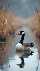 Obraz premium A lone goose decoy sits in a marsh, surrounded by cattails and early morning mist Ready for the hunt, the scene evokes the tranquility and challenge of waterfowl hunting , clouds, hunting season