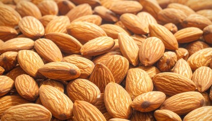 Fototapeta premium A close-up macro view of a pile of whole, raw almonds, creating a textured background for healthy eating and nutrition concepts