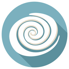 White spiral on blue circle icon with a drop shadow, symbol for hurricane, air, vortex.