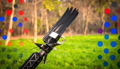 Close-up of a mechanical device's attachment with wings