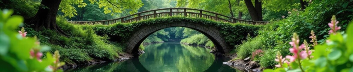 A lush green bridge arches gracefully over a tranquil waterway, surrounded by vibrant foliage and wildflowers The idyllic scene evokes serenity and natural beauty , serene, pathway