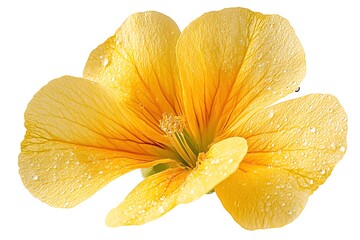 Close up of a yellow nasturtium flower round petals on white