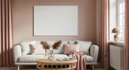 Elegant Living Room Interior with Neutral Sofa, Pampas Grass, and Blank Frame
