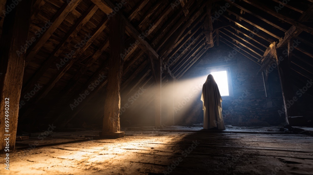 Poster mysterious figure in an attic illuminated by sunlight, creating an eerie atmosphere with shadows