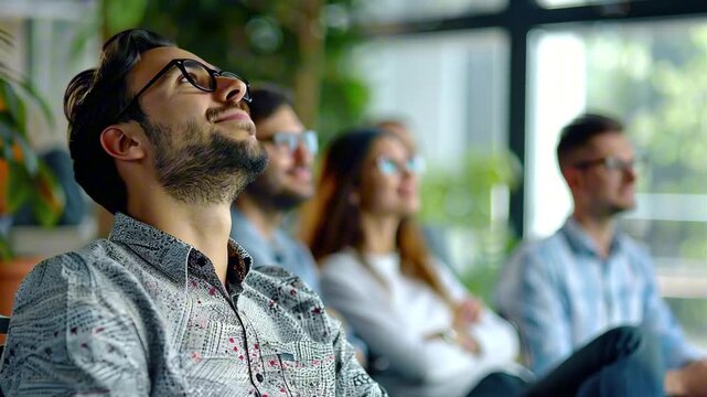 Young man with glasses smiling and leaning back in chair during seminar with group of casually dressed people in office with plants. Concept of corporate training, meeting and positive learning