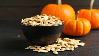 Bowl of pumpkin seeds with pumpkins