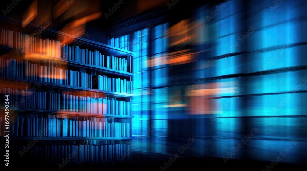 Aufkleber Abstract representation of a library with blurred bookshelves and colorful light reflections in the background