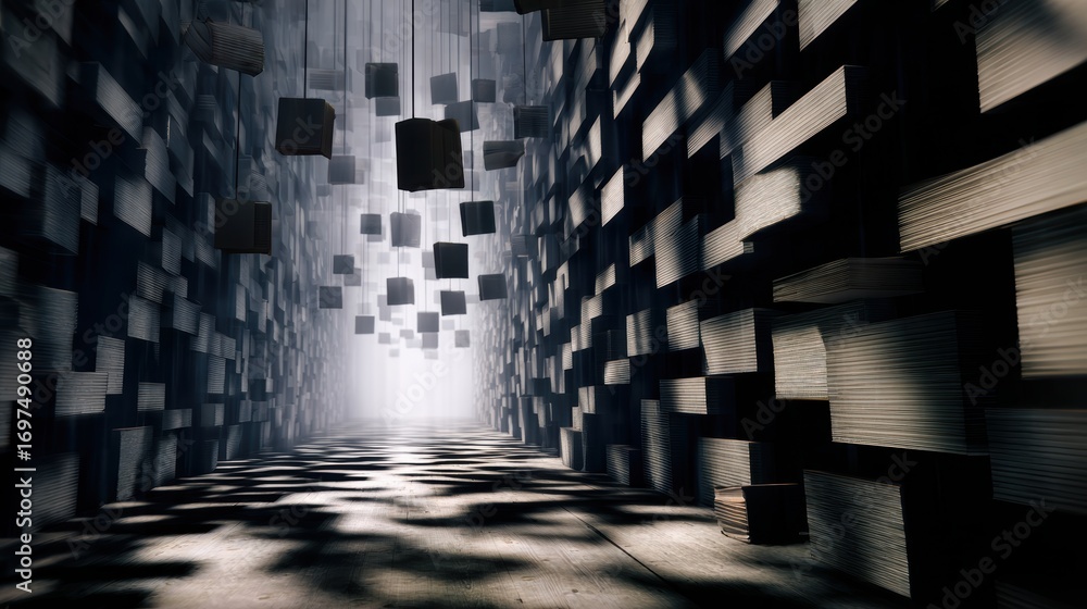 Poster surreal corridor with floating boxes and dramatic lighting creating a mysterious atmosphere