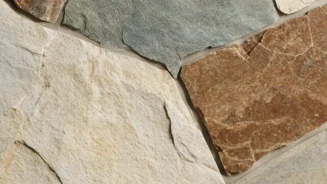 Close-up view of a natural stone wall featuring varied shades of beige, gray, and brown.