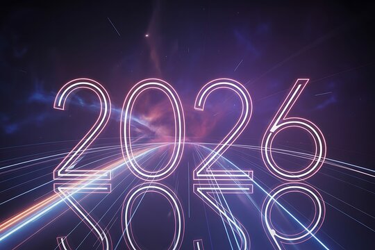Dynamic 2026 glowing numeral design with futuristic light trails and cosmic nebula background