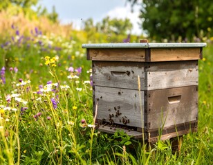 Wooden beehive in a vibrant meadow