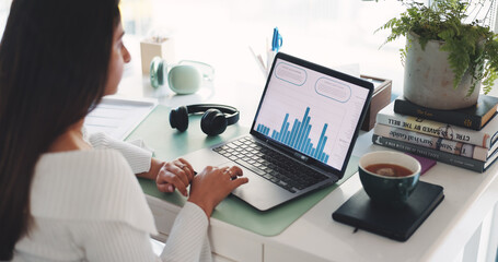 Business woman, laptop and statistics with chart for performance review or analytics in office. Female person, analyst or accountant with computer, graph or data for revenue, growth or development