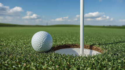 Obraz premium A golf ball nears the hole in a lush green golf course. A bright blue sky with fluffy clouds create a scenic atmosphere.