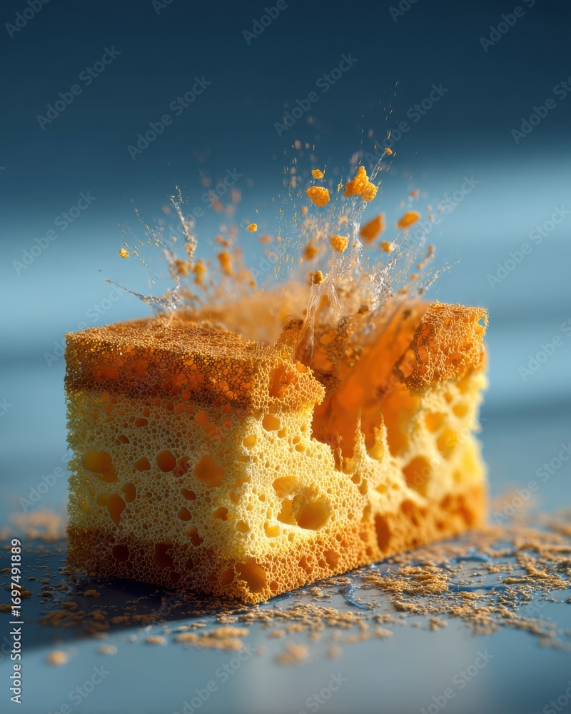 Poster vibrant close-up of a textured sponge with dynamic water splash against a soft blue background