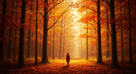 Autumn woods sunlight path