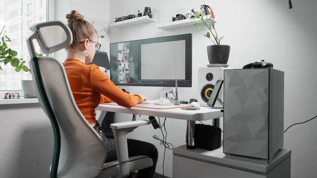 Intersection of AI and creativity shines as designer crafts digital art. AI-powered tools innovate young woman artistic process, pushing boundaries in digital art creation. Process generation images