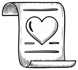 Sketch of a scroll with a heart symbol and lines for text