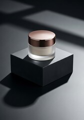 Elegant frosted glass jar on a black pedestal under subtle lighting