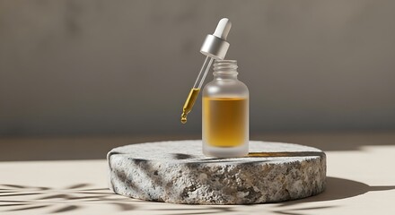 Elegant serum bottle and dropper on natural stone for beauty products