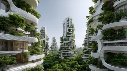 Futuristic Sustainable City with Modern Eco-Friendly Buildings and Lush Green Vertical Gardens