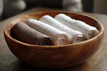 Soft Rolled Towels in Wooden Bowl on Table, Cozy Home Decor, Relaxing Bathroom Essentials for Spa and Lifestyle Settings