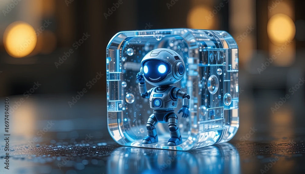 Aufkleber a small, futuristic robot is encased within a transparent, cubic structure filled with shimmering li
