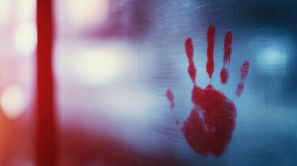 Red handprint on a reflective surface with blurred city lights in the background at dusk