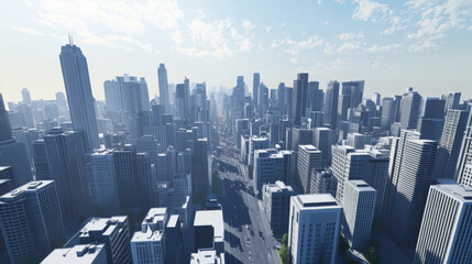 High angle view of a bustling city center with modern skyscrapers towering under the sky. Traffic flows along the wide avenues, showcasing urban development.
