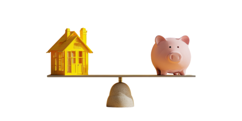 A yellow house and a pink piggy bank balanced on a seesaw