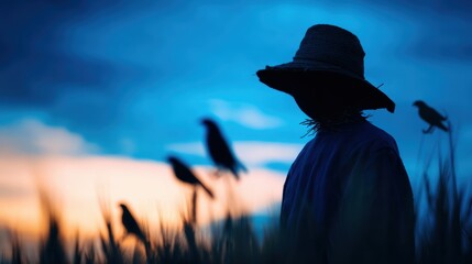 Silhouette of a Scarecrow in a Rice Field at Dusk with Birds Perched Nearby Against a Colorful Sky