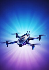 Futuristic drone soars against gradient backdrop with radiant light bursts