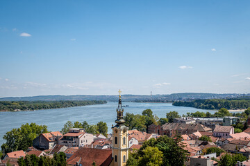 Panoramic photo from high angle of the Zemun municipality and the Danube river in the city of Belgrade. Blue sky at the horizon.