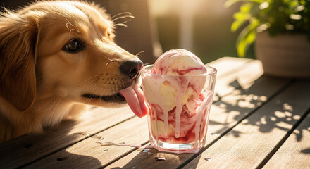 Melting Ice Cream in Glass Cup with Puppy Licking on Porch Table