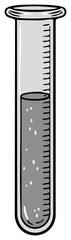 Cartoon test tube filled with gray liquid with bubbles and measurement markings for laboratory usage
