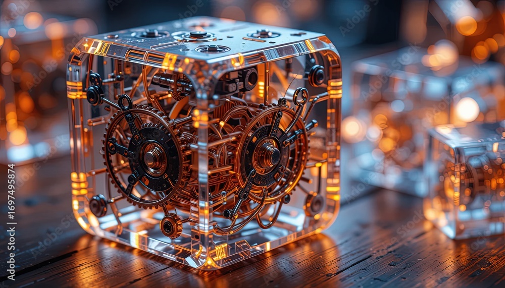 Poster Transparent, intricate clockwork mechanisms housed within cubic structures, illuminated by warm lighting.