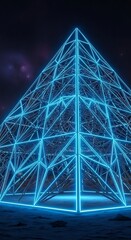 Futuristic Glowing Pyramid Structure Against Dark Starry Night Backdrop