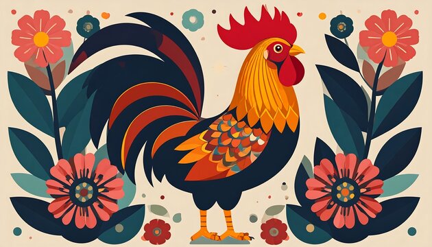 Vibrant rooster design surrounded by stylized flowers and foliage, showcasing a cheerful and decorative aesthetic. - Powered by Adobe