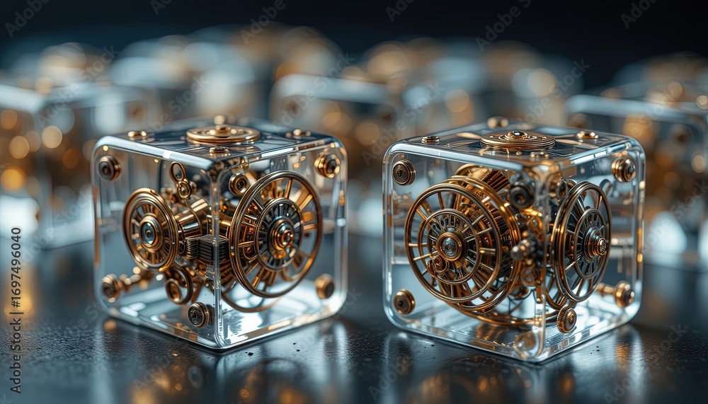 Aufkleber intricate golden gears and mechanisms housed within clear acrylic cubes, creating a captivating disp