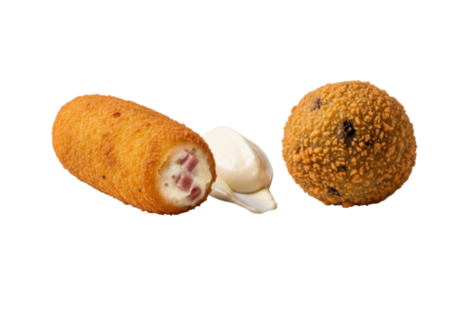 Two gourmet golden-brown crispy ham and mushroom croquetas with creamy aioli, on a minimalist white plate, isolated on transparent background with soft bokeh. Culinary appreciation concept