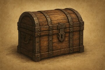 An antique wooden treasure chest with rusted metal straps and a prominent lock sits on a textured, parchment-like background.