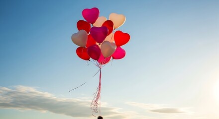 Heart-Shaped Balloons Floating Serenely Against a Blue Sunny Sky