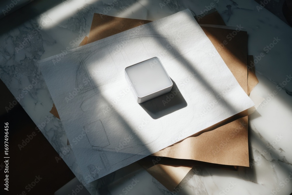 Poster Minimalistic Design Scene with Soft Natural Light on Sketch Paper and Square Object on Marble Surface