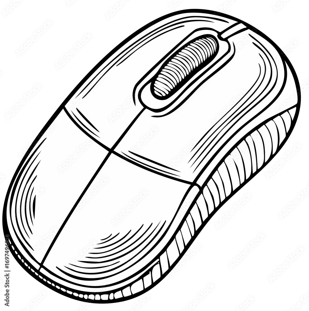 Poster black and white line art illustration of a computer mouse for technology and digital concepts
