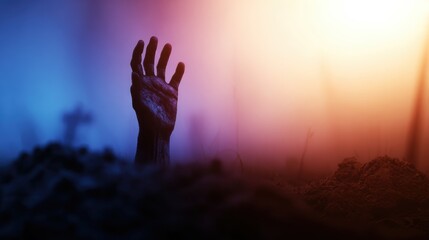 Eerie hand emerging from the ground at dusk, surrounded by a misty graveyard, creating a haunting atmosphere