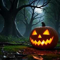 Illuminated jack-o'-lantern glowing in the ethereal night landscape