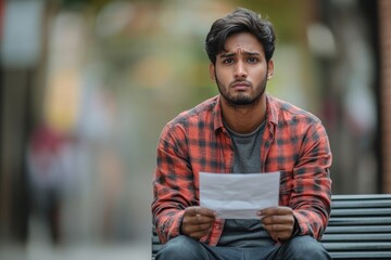 Portrait of a worried young Indian man sitting on a bench in a city street, looking upset and holding a letter in his hands after receiving bad news, Generative AI