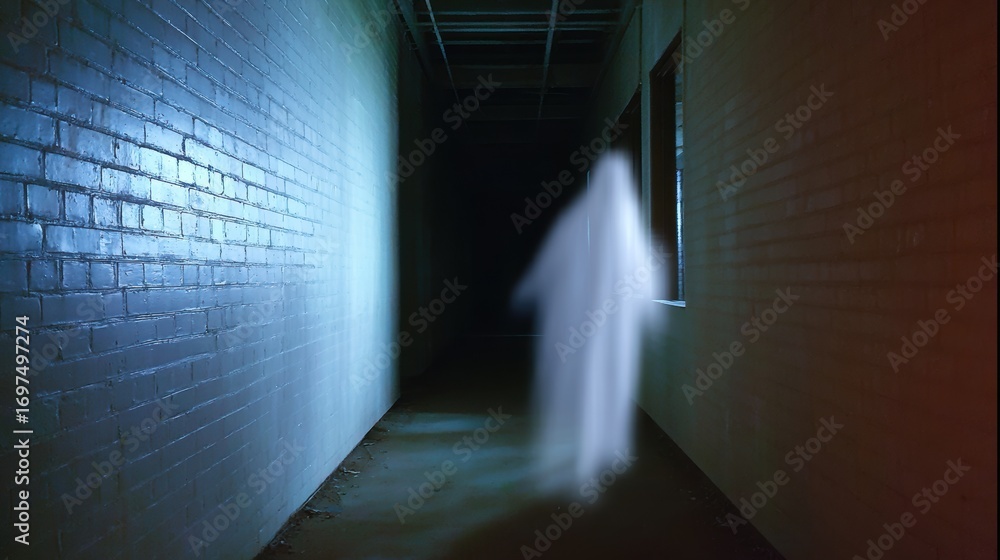Poster mysterious figure in a dimly lit corridor, creating an eerie atmosphere with shadows and light play