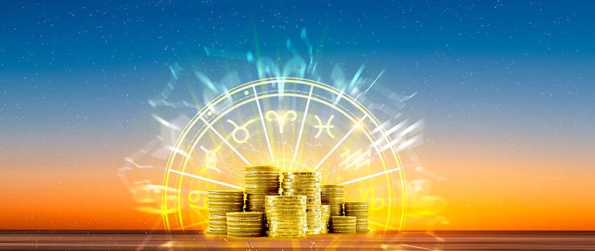 Horoscope with zodiac signs and money coins like astrology and money and astrology and wealth concept, Financial horoscope concept.