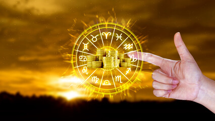 Horoscope with zodiac signs and money coins like astrology and money and astrology and wealth concept, Financial horoscope concept.