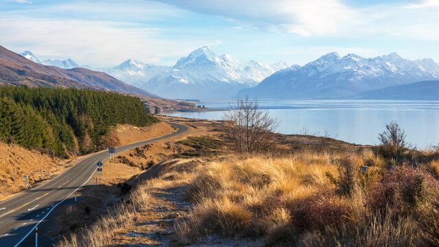 Snow capped  Mount Cook over lake Pukaki in winter, Southern Alps, New Zealand